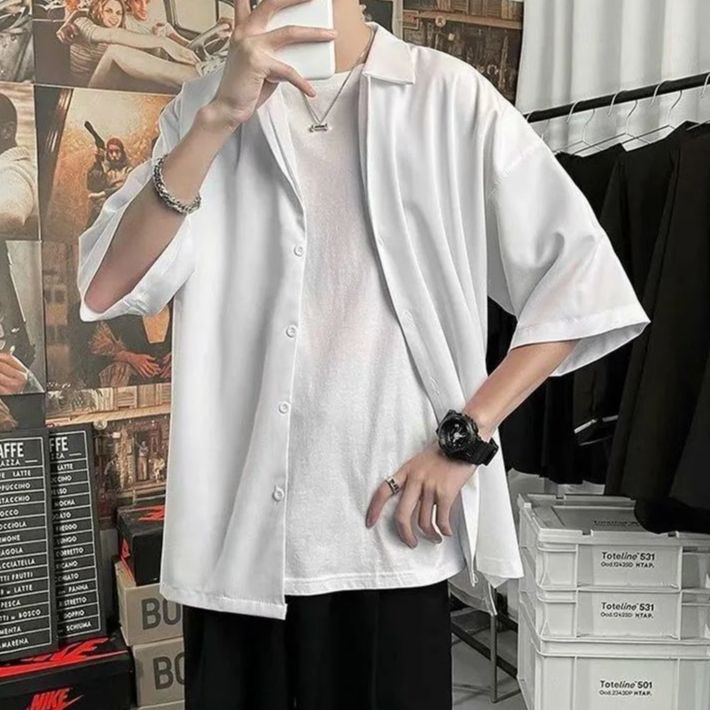 Spring Summer Fashion Men's Solid Casual Loose T-Shirt Cool Trendy Guy Long Sleeve Soft Drape Solid Loose Button