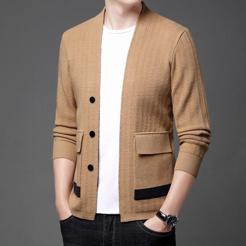 High Quality Autumn Knitted Cardigan Men Fashion Smart Casual Knit Sweatercoat Mens Slim Patchwork Cardigan Sweater Jacket Man