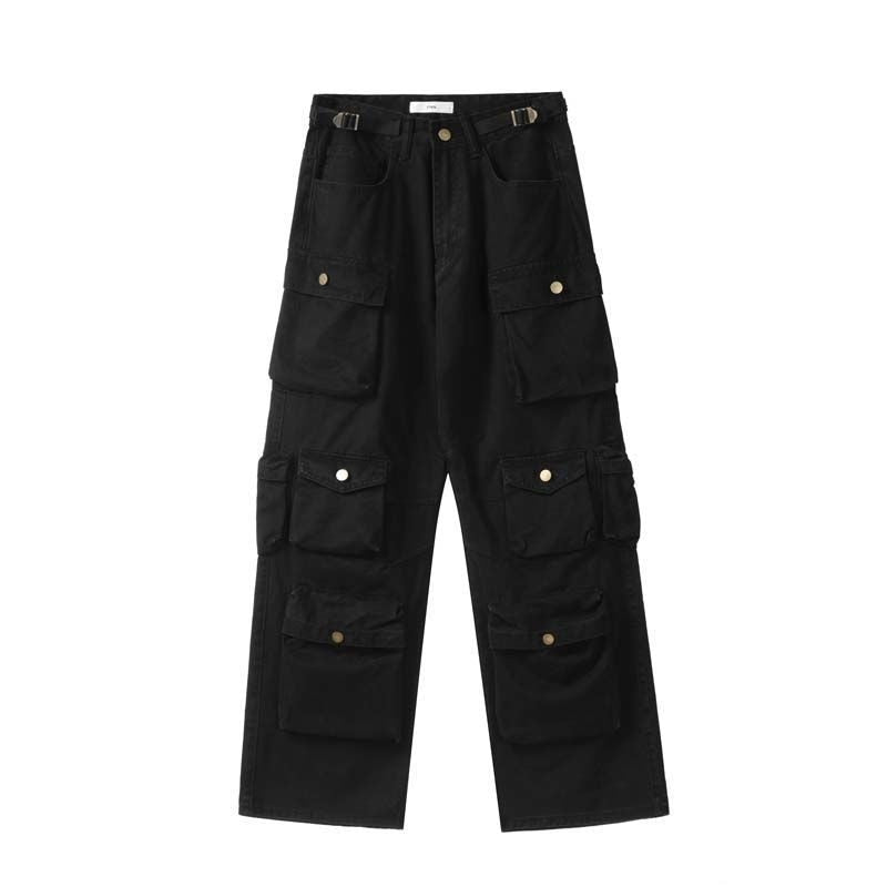 Street Popular White Multi-pocket Overalls Men's Harajuku Style Loose Casual Trousers Straight Mopping Pants Autumn New