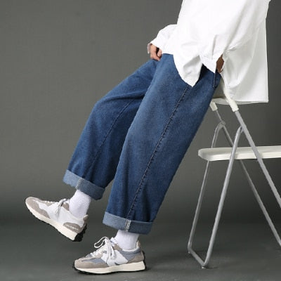 2023 New Street Casual Baggy Jeans Men's Korean Fashion Hip Hop Straight Wide Leg  Trousers Couple Denim Pants Black Light Blue