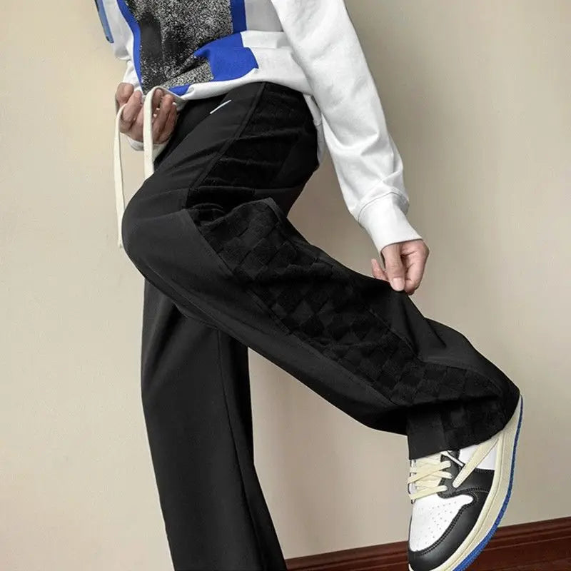 Autumn American High Street Fashion Casual Wide Leg Pants Men Solid Elastic Waist Patchwork Loose Trendy Straight Trousers