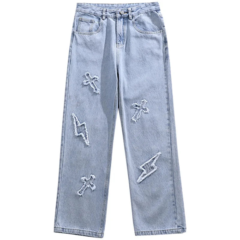 Hip Hop Streetwear Y2k Mens Pants High Street Jeans Baggy Loose Straight Casual Pants Fashion Male Cross Patch New Trousers