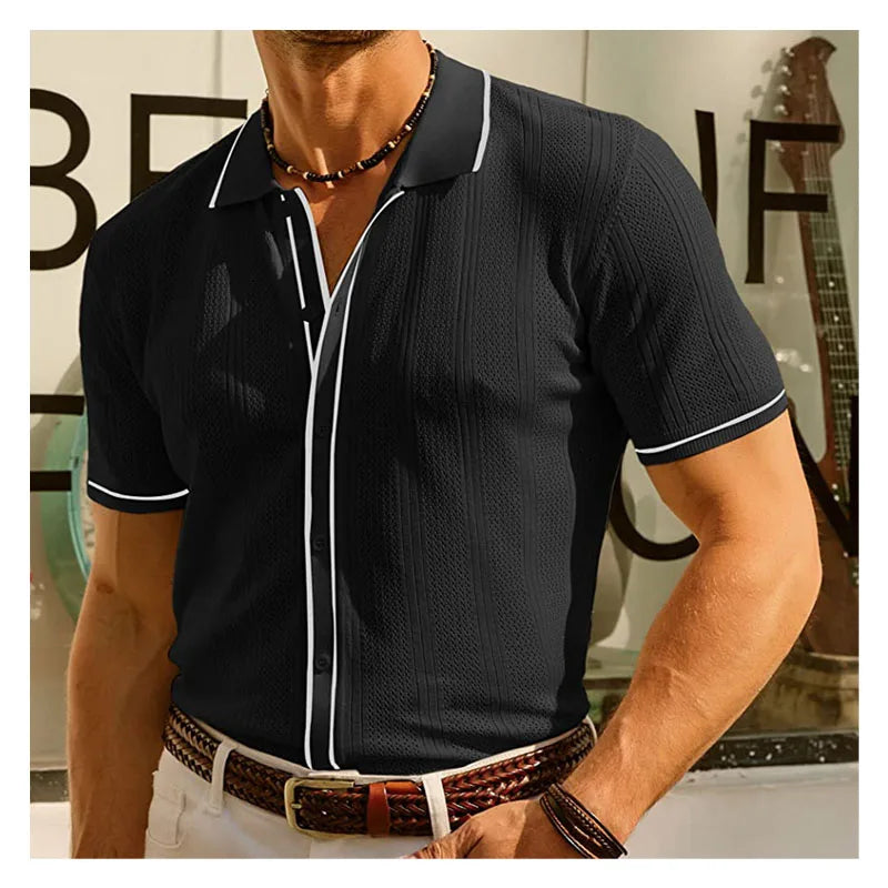 Summer Ice Silk Men Hollow Polo Shirt Breathable Soft Knit Shirt Top Men's Short-sleeved Tee Fashion Color Contrast Men's Shirt