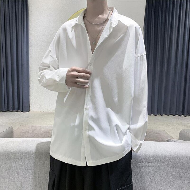 Black Long-sleeved Shirts Men Korean Comfortable Blouses Casual Loose Single Breasted Shirt