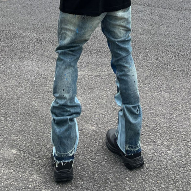 Retro Ink Splash Patchwork Ripped Jeans Flare Pants Men and Women Straight Casual Oversized Loose Denim Trousers