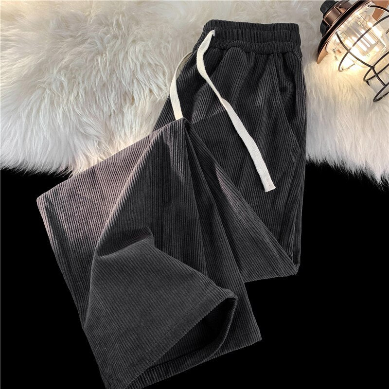 2023 Spring Men's Corduroy Casual Pants Baggy Straight Black Elastic Waist Korean Fashion Streetwear Ankle Wide Leg Sweatpants