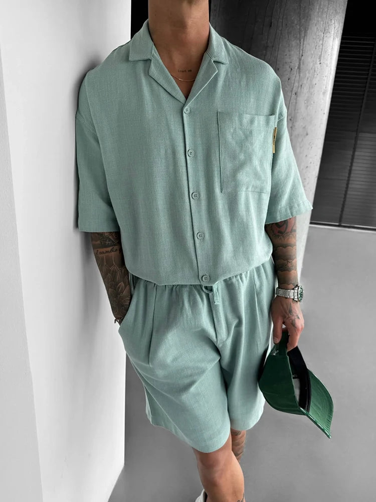 Streetwear Vintage Mens Shirts Two Piece Outfits Fashion Solid Color Suits Loose Pocket Short Sleeve Shirt And Shorts Men Sets