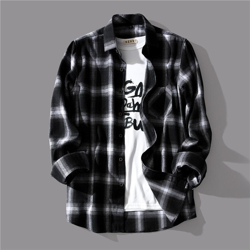 Luxury Business Black White Plaid Shirt Men's Korean Fashion Long Sleeved Jacket Collar Slim Fit Shirts And Blouses For Men