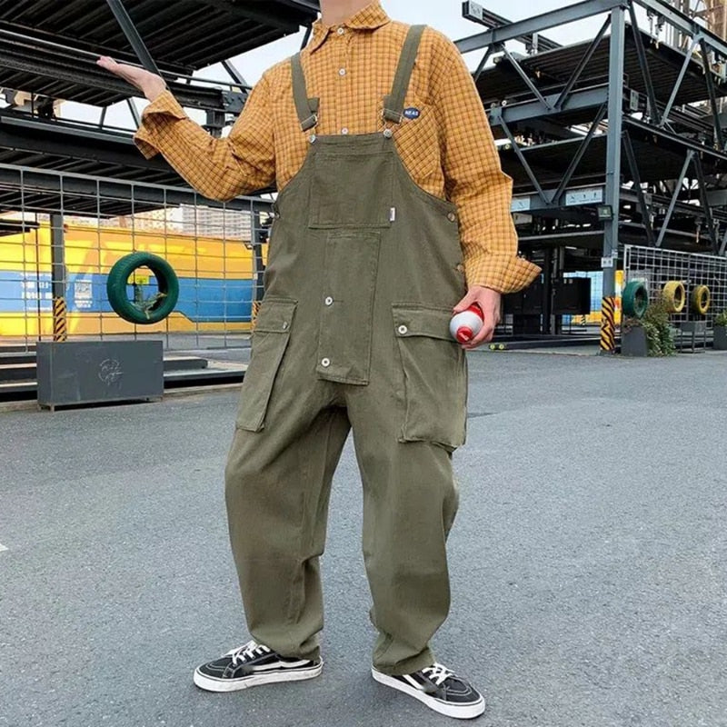 Men Denim Overalls Loose Baggy Street Hip Hop Japanese Style Multi-Pocket Streetwear Work Trousers Cargo Jumpsuit