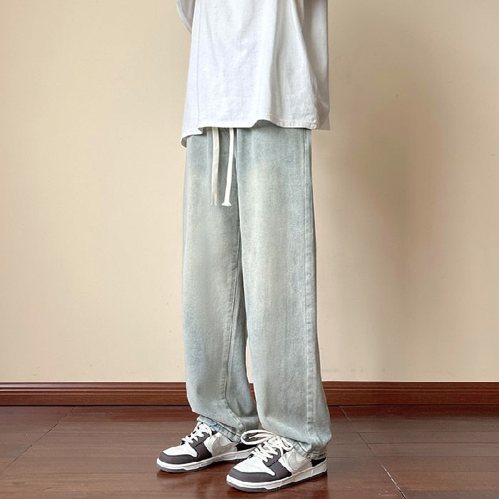 Streetwear Men's Elastic Waist Wide Leg Baggy Jeans Korean Fashion New Autumn Retro Oversize Jeans Male Drawstring Design Pants