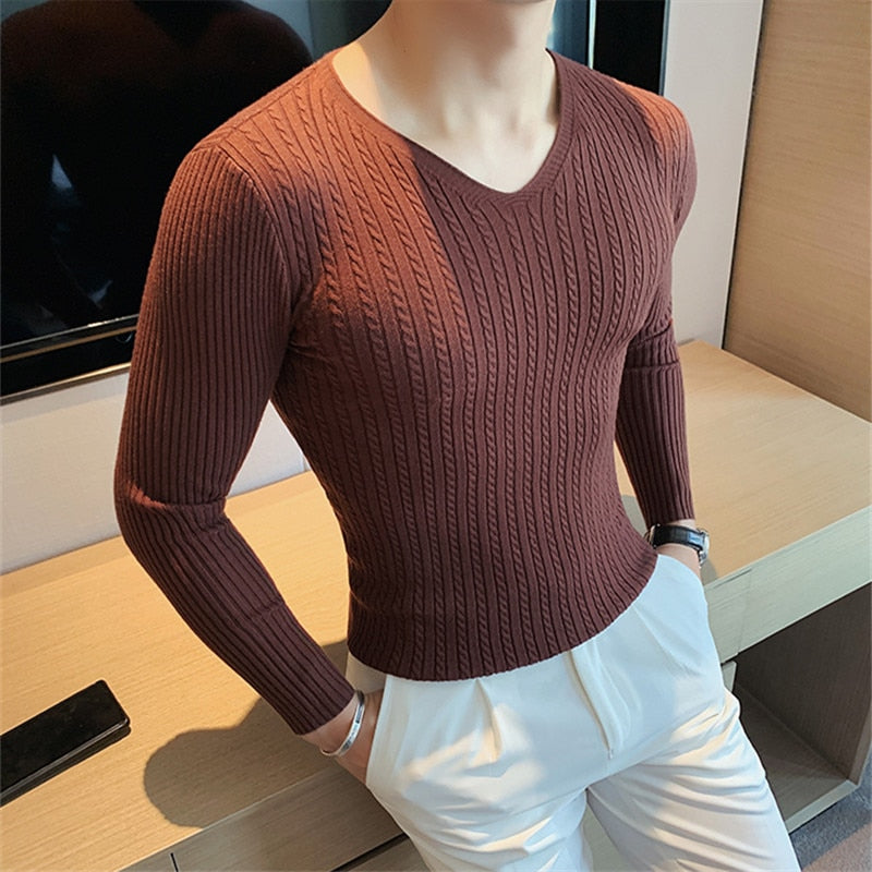 High Quality Men's Knitted Pullovers Fashion Slim Fit V Neck Sweaters Men Autumn Winter Knitting Tops Tees Pullover Sweater Man