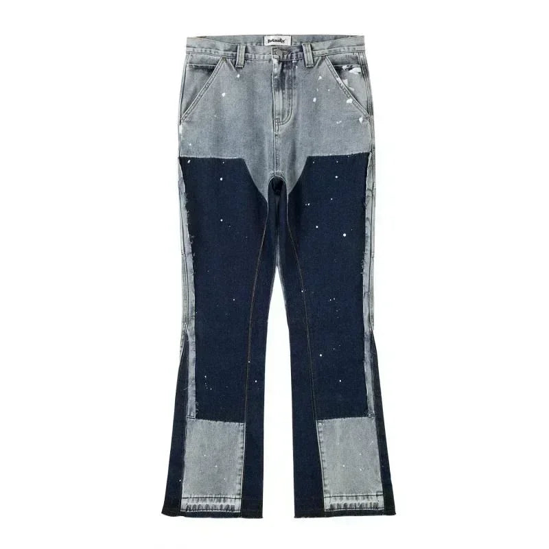 European / American Retro Trendy Spliced Jeans Street Style American Bootcut Pants Spliced Ink Splash Jeans for Male Couples