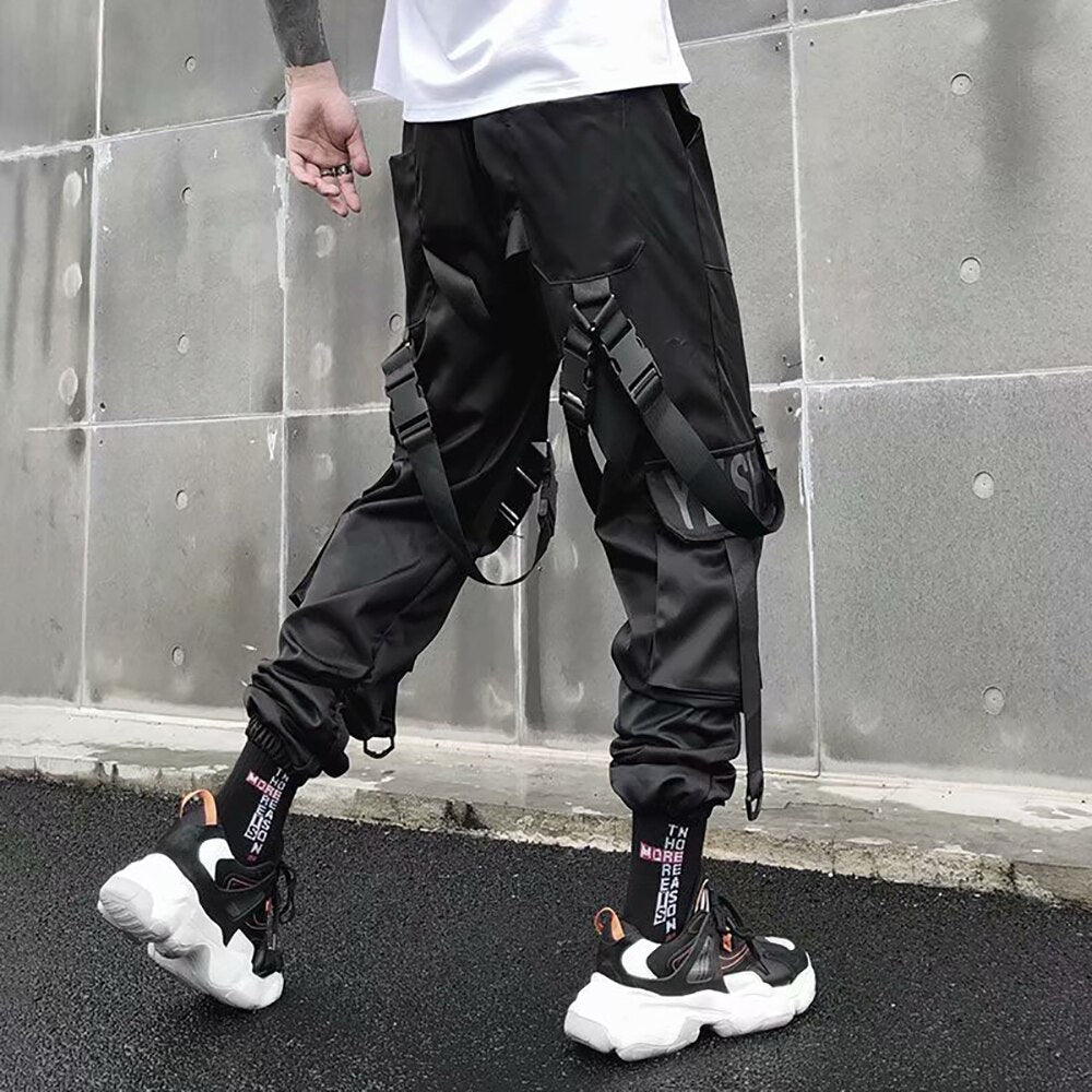 Men Cargo Pants Men’s Casual Hip Hop Harem Pant Hit Color Pocket Male Trousers Sweatpants Streetwear Ribbons Techwear Joggers