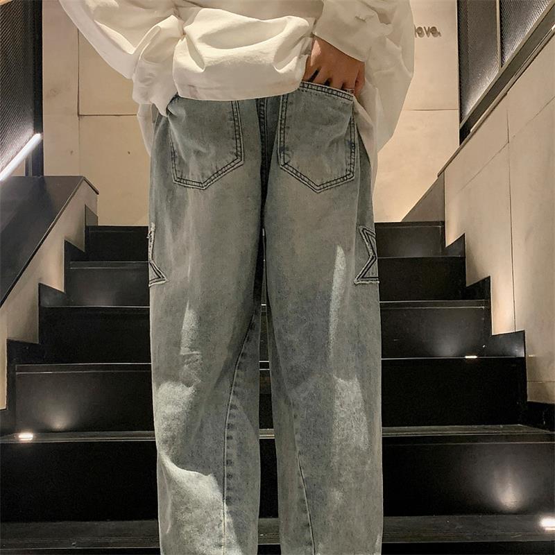 Vintage Star Embroidery Straight Denim Pants Men's Loose Fashion Hip-Hop Jeans New Casual Wide Leg Trousers Harajuku Streetwear