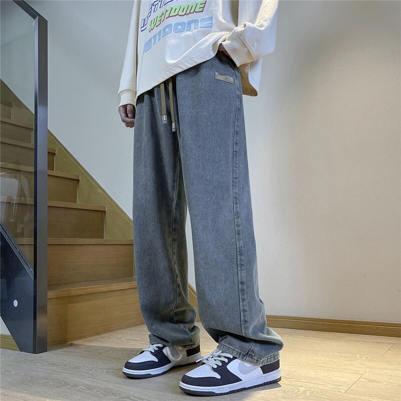 Oversized Men's Baggy Black Jeans Spring New Casual Wide Leg Pants Elastic Waist Korean Fashion Denim Trousers Man Streetwear