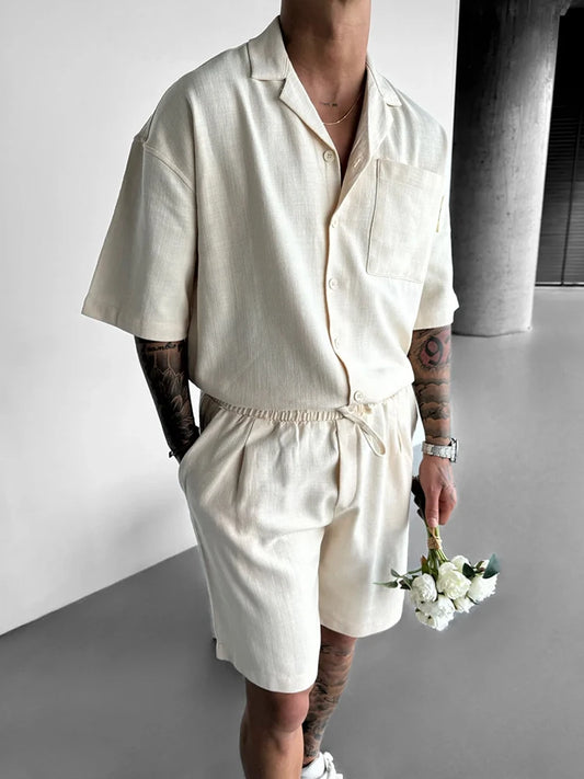 Hip Hop Mens Two Piece Sets Summer Casual Pure Color Short Sleeve Pocket Shirts And Shorts Men Outfits Fashion Loose Suits Male