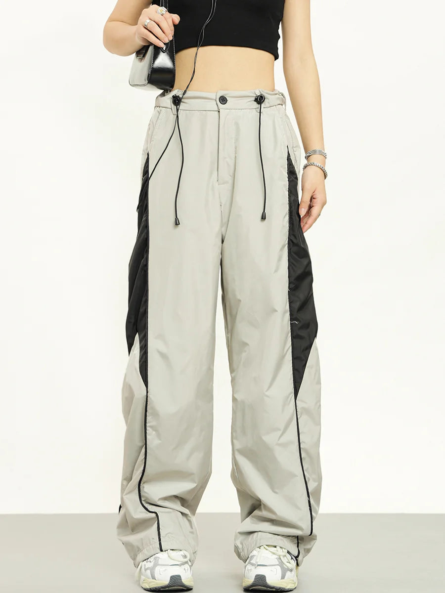 American style patchwork sports pants, women's thin pants, niche design, casual pants, wide legs, loose and draping pants