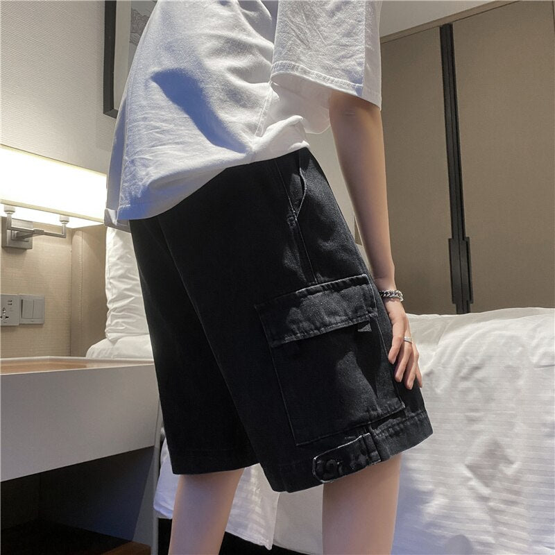 Shorts Men Loose Simple All-match Cargo Knee-length Denim Casual Pockets Fashion Harajuku Design High Waist Zipper Minimalist