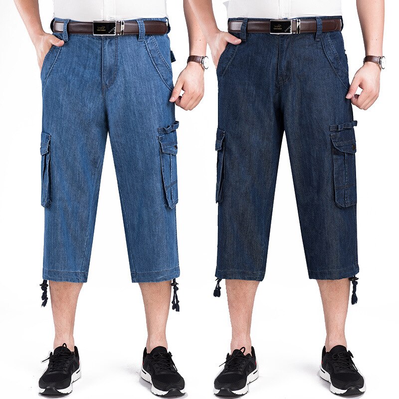 Jeans Shorts Men's Summer Breeches 2023 Multi Side Pocket Casual Bermuda Male Straight Long Blue Denim Loose Cargo Shorts Men