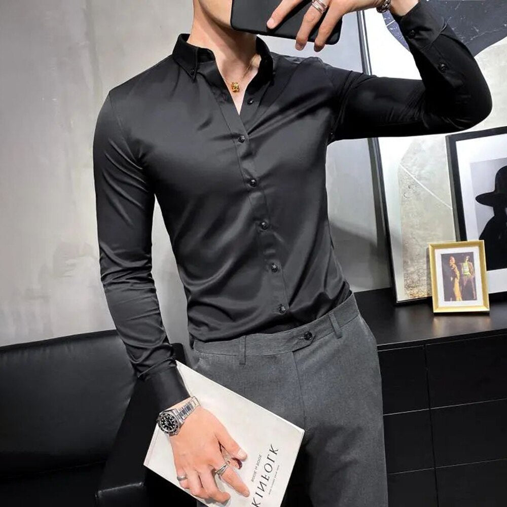 Italian Gentleman Non-ironing Slim Bright Color Men's Shirt Trendy Silky Satin British Style Formal Shirt Business Elegance