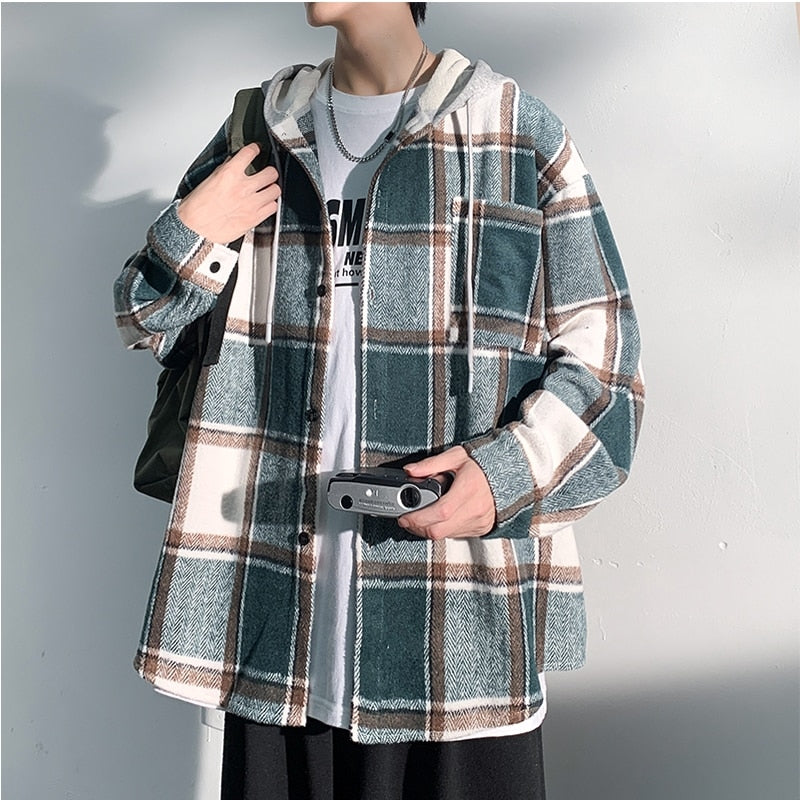 Autumn New College Style Plaid Hooded Jacket Men Loose Fashion Women's Hoodie Woolen Fabric Male Korean Couple Woolen Coat 2023