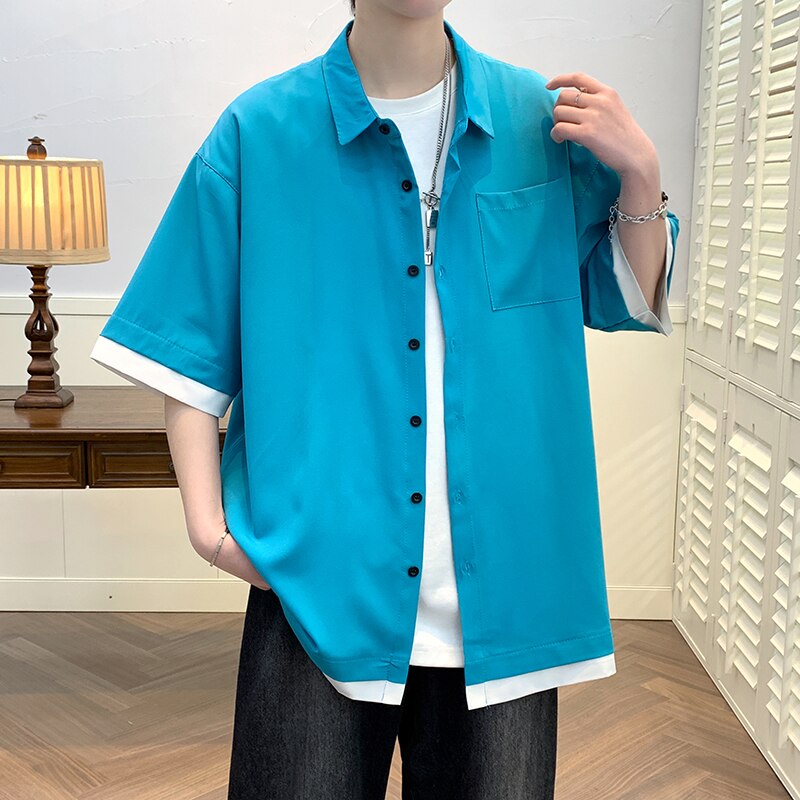 Fake-two Piece Casual Shirts Men Plus Size 5XL Korean Fashion Patchwork Shirt Loose Handsome High Street Blousee