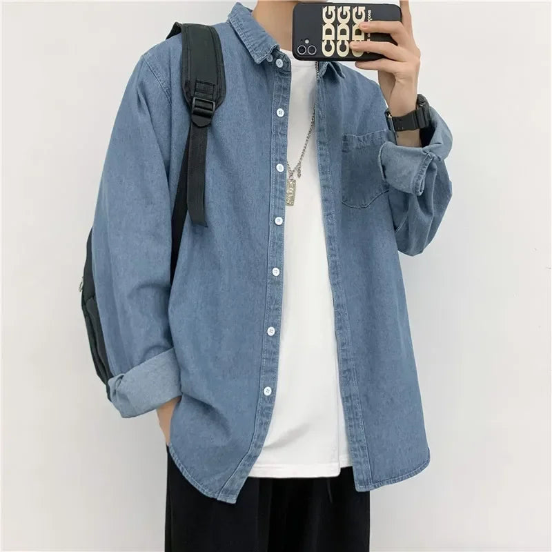 Mens Denim Shirt Fashion Harajuku Long Sleeve Tops Spring Autumn Vintage Baggy Jacket Trend Streetwear Oversized Male Clothing