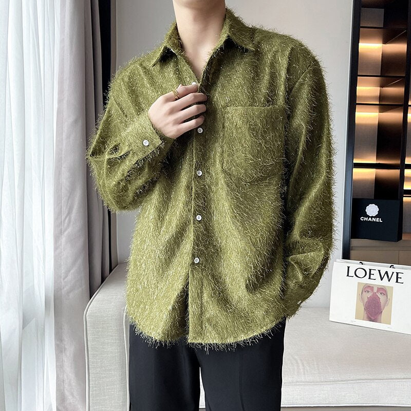 Autumn Long Sleeve Shirt Men Slim Fashion Social Mens Dress Shirt Korean Green Pink Plush Shirts Mens Business Casual Shirt