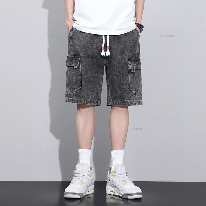 Summer New Men's Denim Shorts Elastic Waist Baggy Casual Knee-length Cargo Pants Fashion Korean Oversized Streetwear Blue Grey