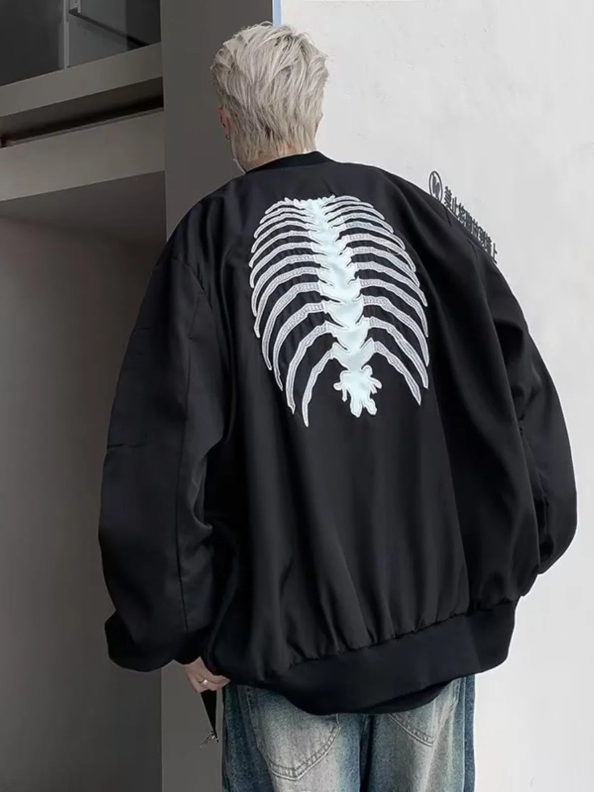 American High Street Hiphop Skeleton Embroidered Baseball Coat Men's Autumn Fashion Brand Dark Black Pilot Jacket fall