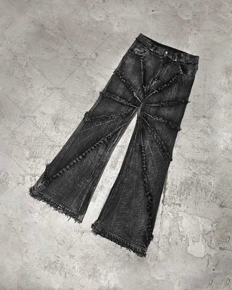 FORUWISH  -  Y2k Fashion New American Tassel Black And Gray Washed Jeans Men Street Gothic Punk Style Teenagers Retro Loose Wide-leg Pants