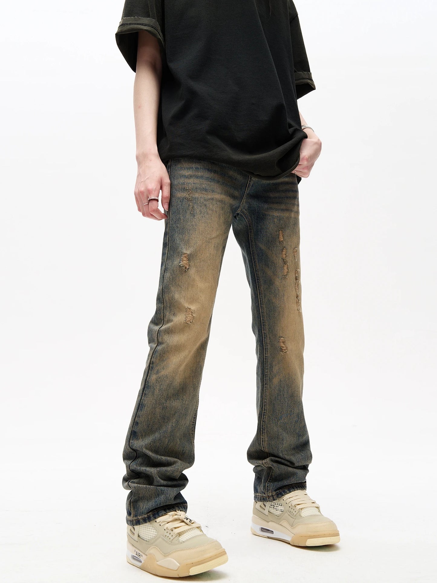 American Vibe Yellow Mud Dyed High Street Distressed Jeans for Men's Ins Trendy Slim Fitting Straight Tube Casual Long Pants