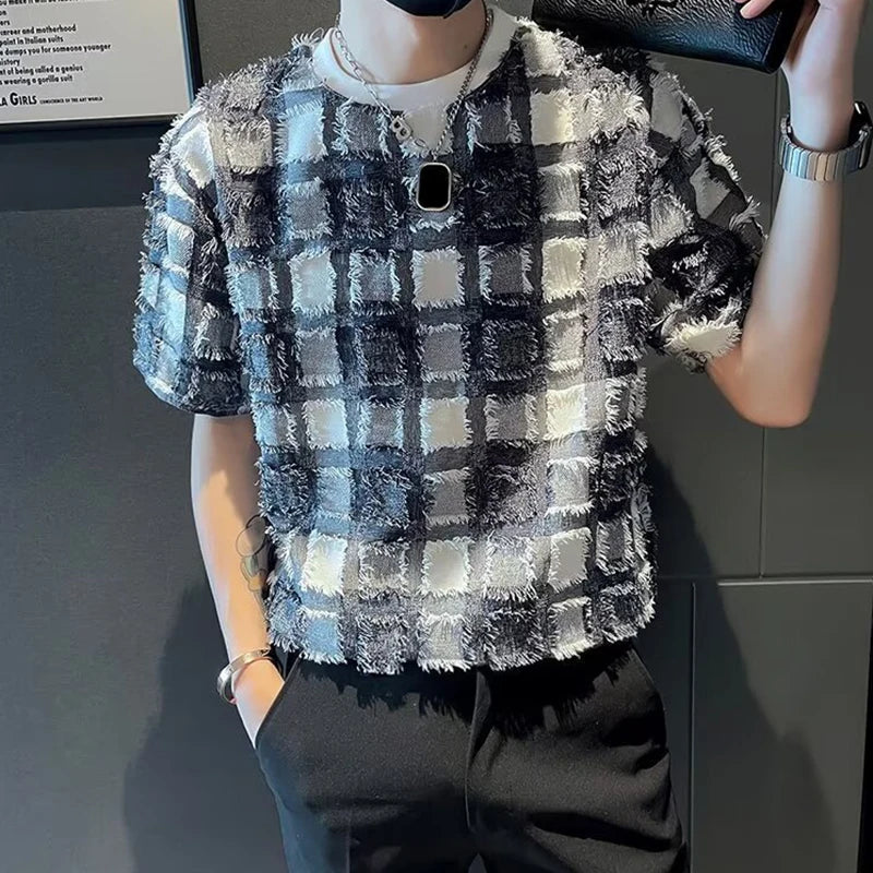 2024 Summer Vintage Plaid Crochet Mens T Shirt Short Sleeve O Neck Pullover Top Men Fashion Slim Fit T-shirts 
Men's Streetwear