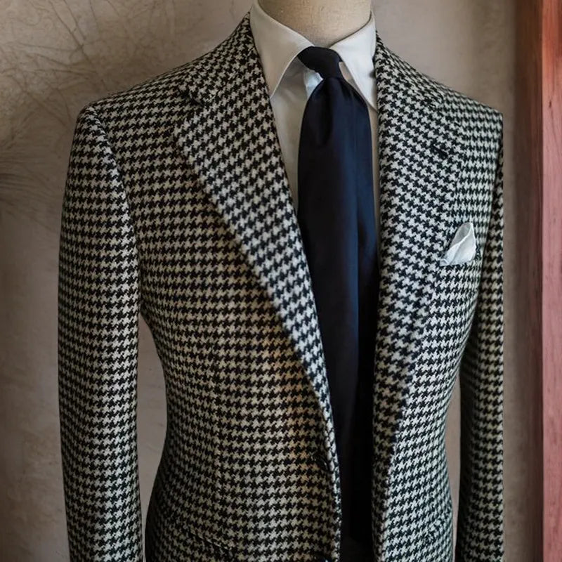 Houndstooth Business Blazer for Men 2024 Plaid Notched Lapel Suit Jacket Formal Male Fashion Coat