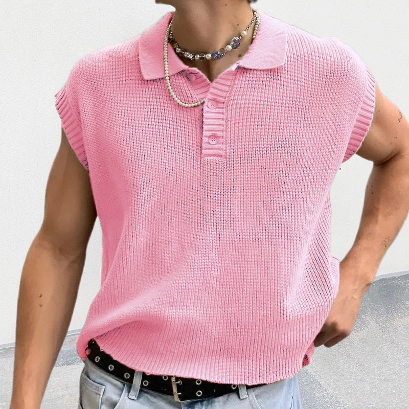 Leisure Solid Knitting Tops Men Sleeveless Buttoned Turn-down Collar Knit Vest Shirts 2023 Spring Summer Men's Clothing Fashion