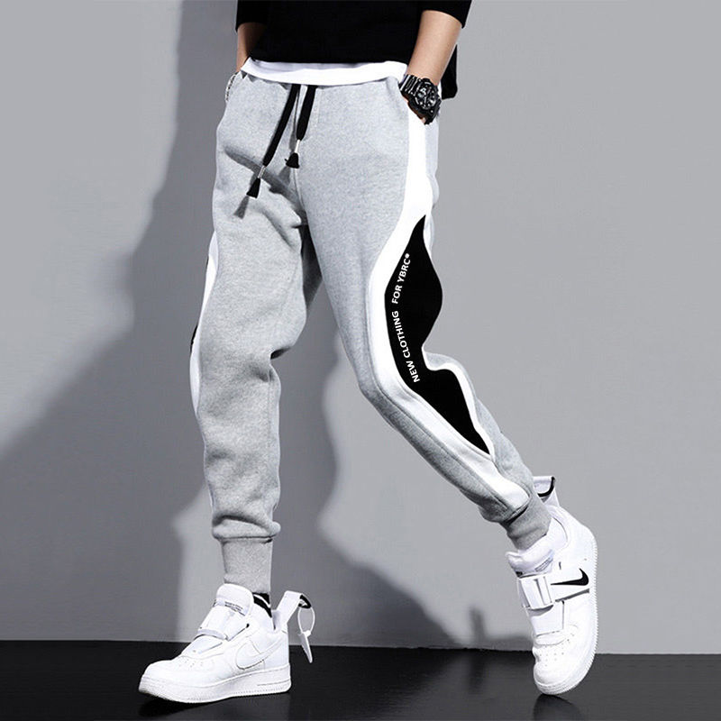 Spring Autumn Men's Wide Loose Casual Pants Mens Patchwork Nine-point Sports Pants Elastic Rope Breathable Tie-foot Trousers