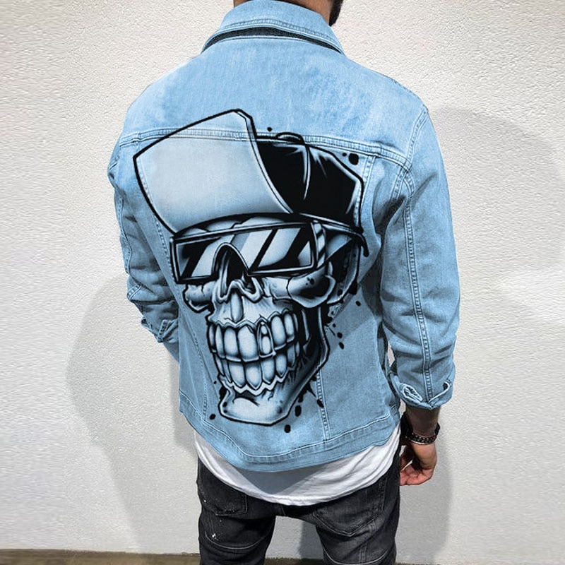 Y2K Jacket Coats Denim Men Fashion Outerwear Slim Long Sleeve Buttoned Lapel Denim Jackets Shirt Mens Fall Vintage Skull Jackets
