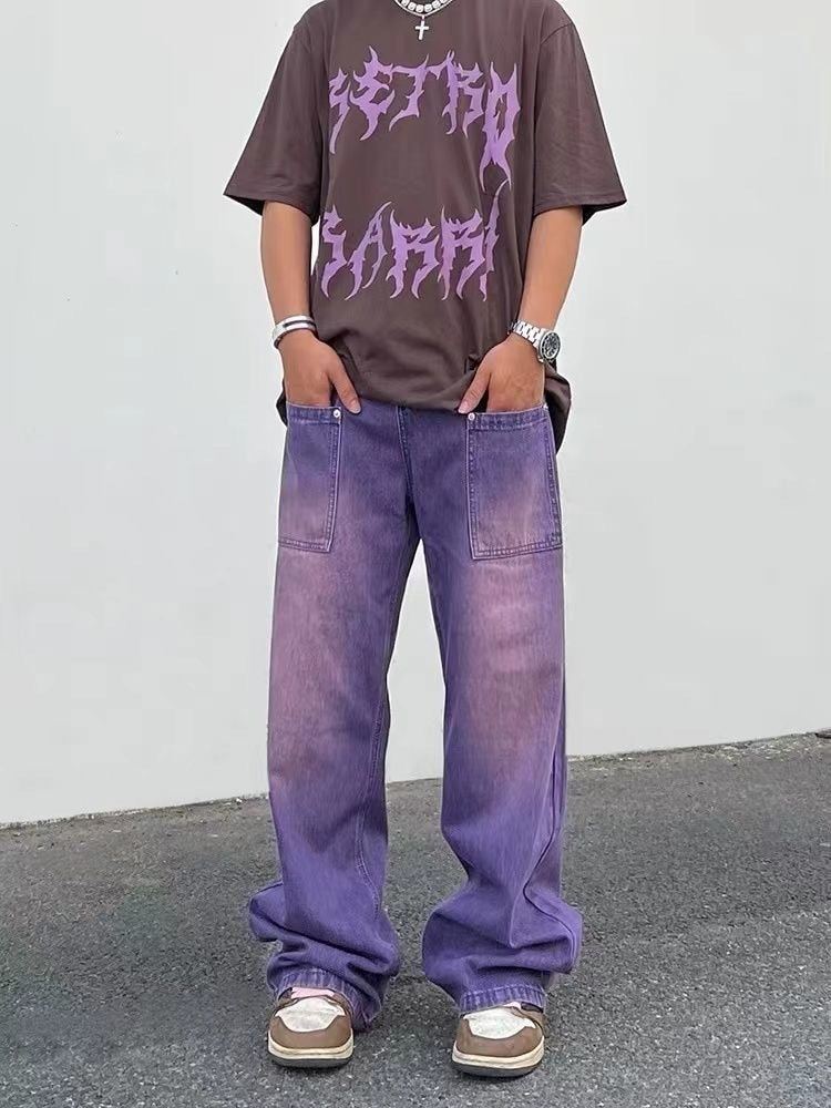 2023 Street made coordinates washed purple jeans for men and women with a unisex style loose fitting bf straight tube fall down