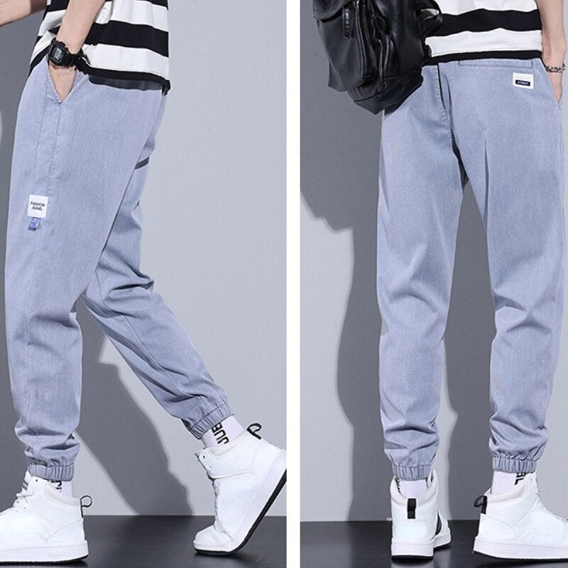 Spring Summer Jeans Men Cotton Thin Elastic Drawstring Waist Beam Feet Light blue Loose Joggers Sports Cargo Trousers Male