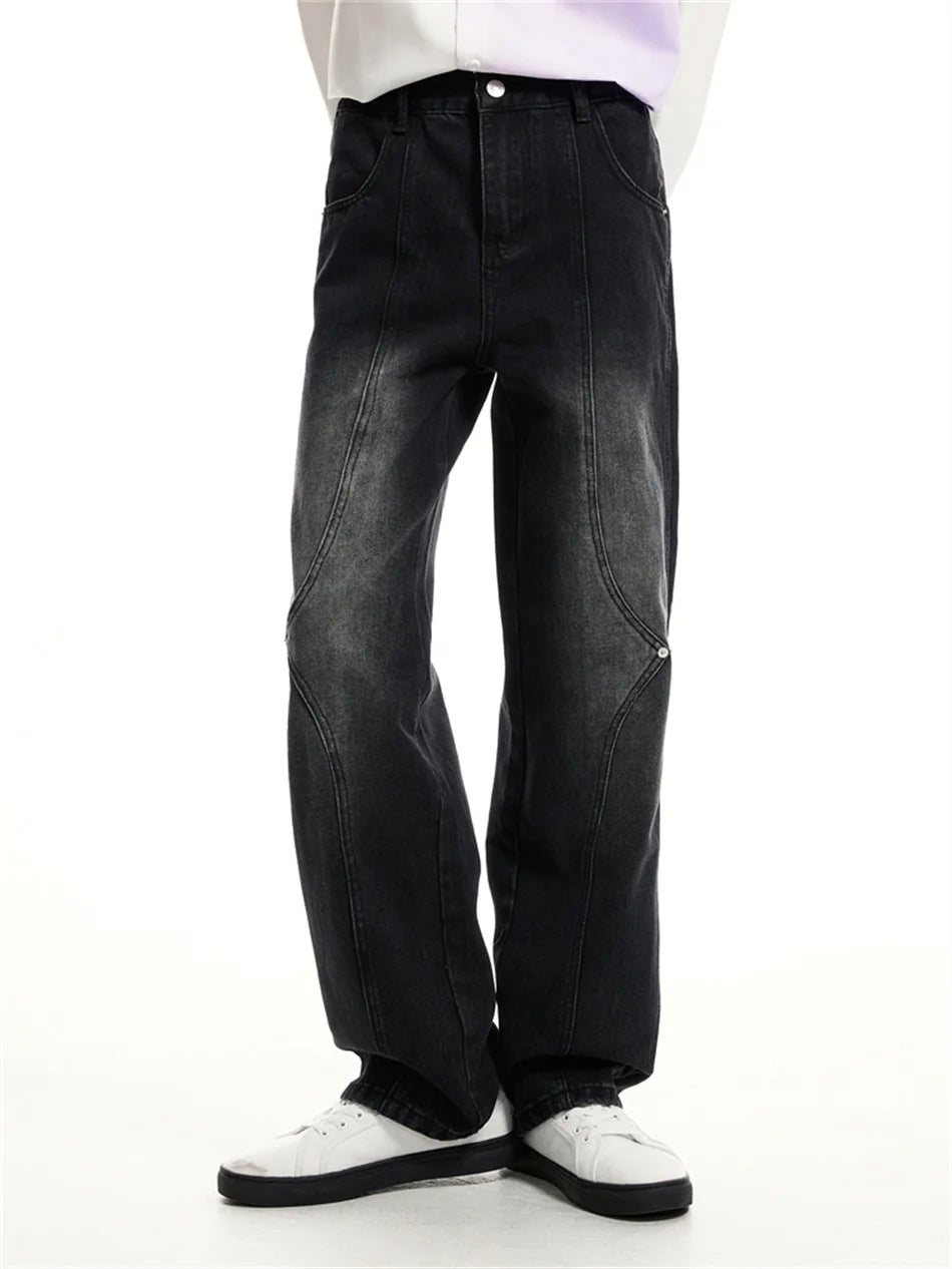 Relay's New Korean Version of Loose Fitting Straight Mid Rise Denim Jeans with Stitching and Buckle Design for Men And