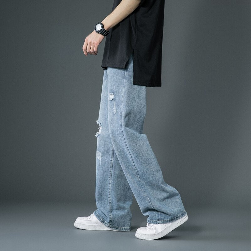 Spring Summer Men's Ripped Wide Leg Jeans Korean Trend Straight Baggy Denim Pants Male Vintage Blue Trousers