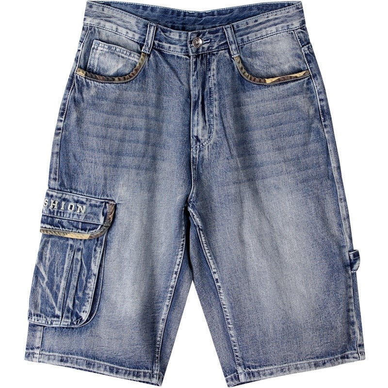 Summer Men's Loose Multi Pockets Cargo Denim Shorts Hip Hop Wide Leg Jeans Street Skateboarding Capris Shorts Plus Size 44 46