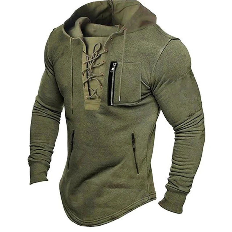 FORUWISH  -  2024 Men Autumn Spring Top Lace Up Drawstring Solid Color Long Sleeve Zipper Pockets Pullover Streetwear Men Mid Length Hoodie