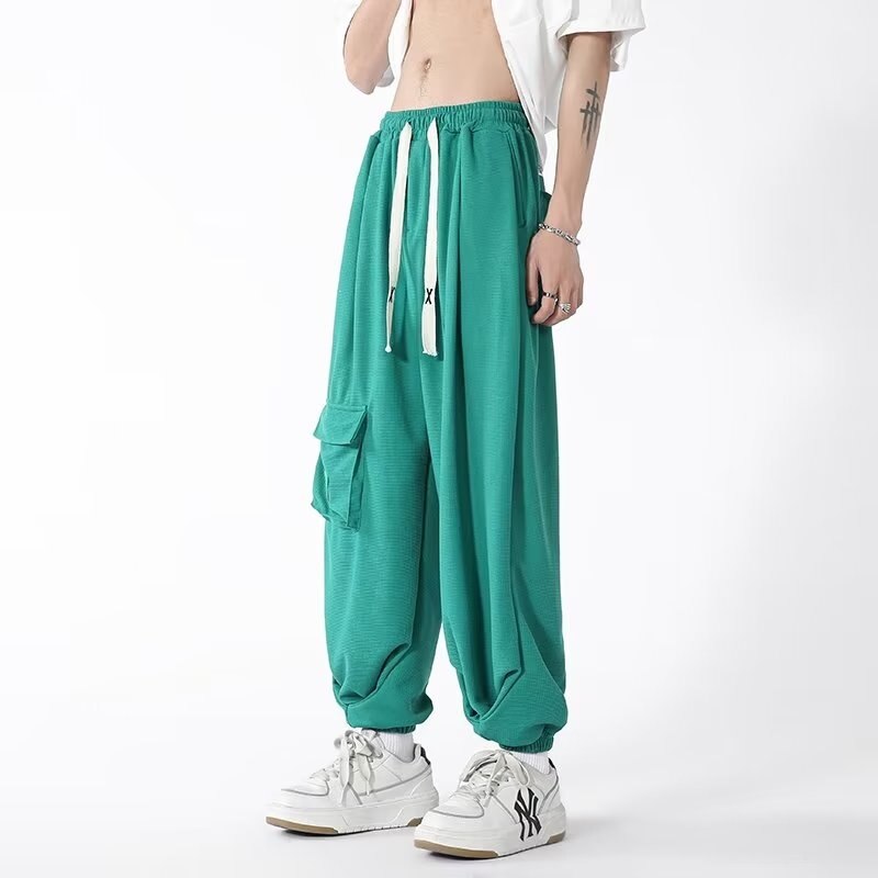 American vibe waffle design with a sense of niche fashion pants, men's high street wide leg lantern pants, loose ankle sports