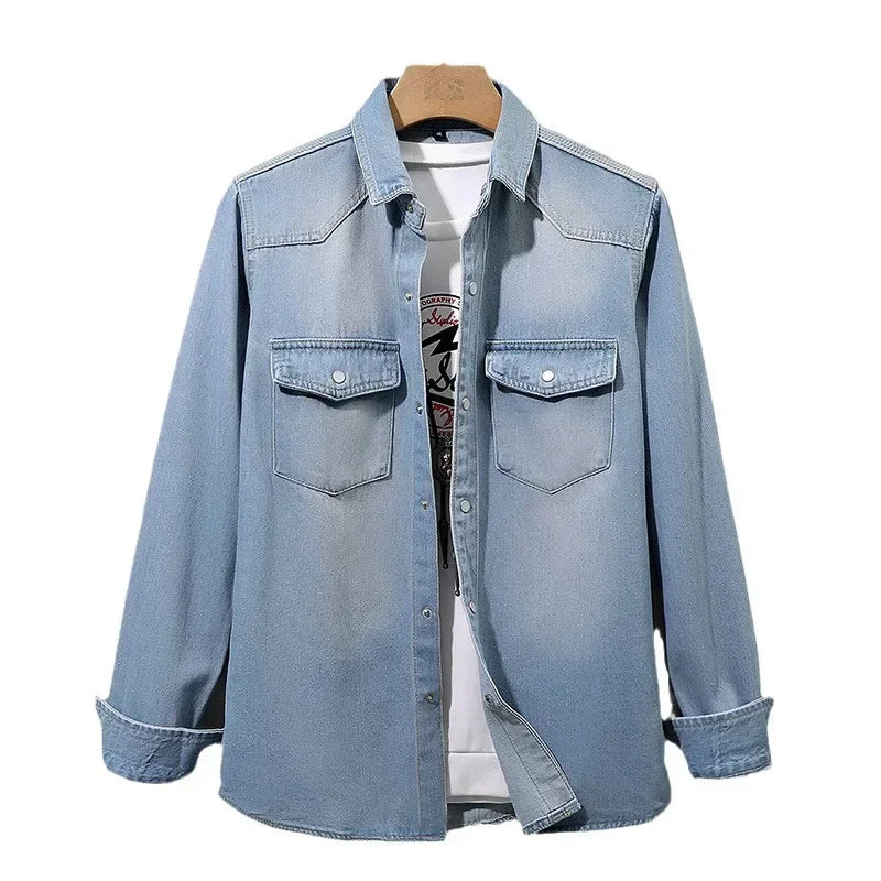 Japanese Korean Trend Long-sleeved Retro Denim Shirt Men's Fashion Casual All-match Jean Shirt Trend Casual Denim Coat Clothes