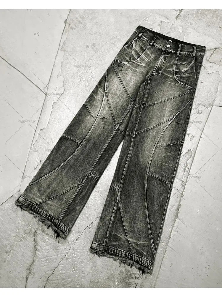 FORUWISH  -  Y2k Fashion New American Tassel Black And Gray Washed Jeans Men Street Gothic Punk Style Teenagers Retro Loose Wide-leg Pants