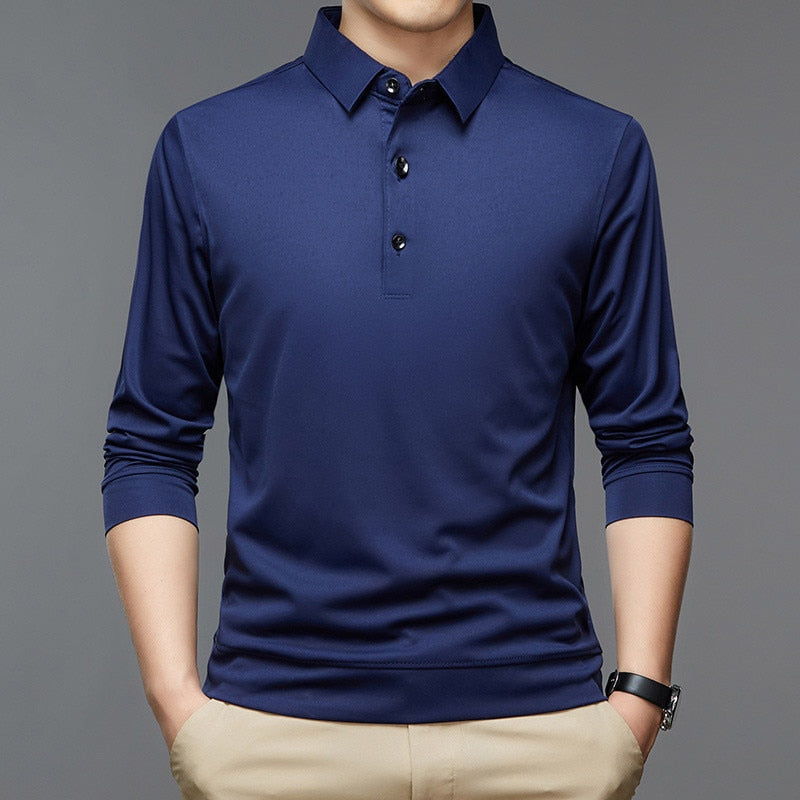 2023 New Men Polo Shirt Casual Business Tops Solid Polos Shirts Mens Long Sleeve Polo Homme Fashion Korean Slim Lapel Tee