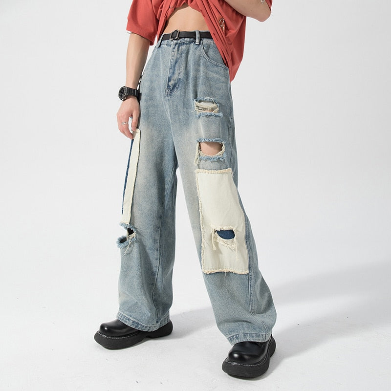 2024 Men's Hole Casual Jean Beggar Pants High Street wear Spliced Jeans Summer Trendy Worn Out Wide Leg Denim Pants streetwear