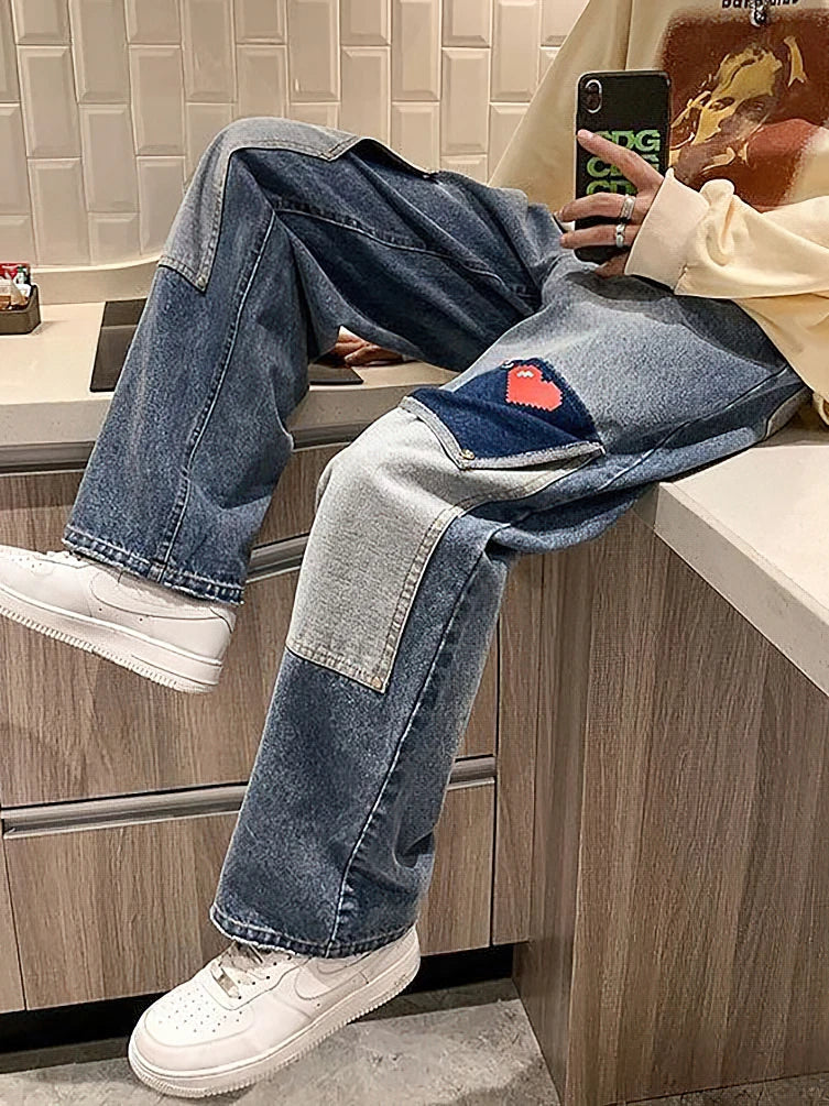 Harajuku Wide Leg Baggy Jeans Pants Men Love Heart Oversize Straight Denim Buttton Cargo Long Trousers Streetwear Student New