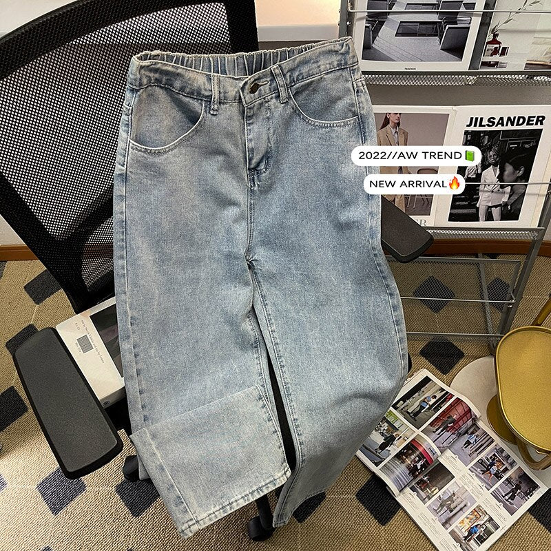 2023 Spring New Men Baggy Jeans Korean Fashion Elastic Waist Classic Style Denim Ankle-Length Pants Neutral Wind Oversize Pants